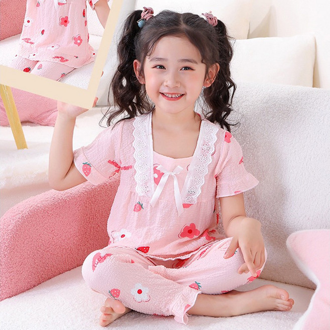 재한 아동 여아 순면 레이스 반팔 긴바지 홈웨어 상하복세트
