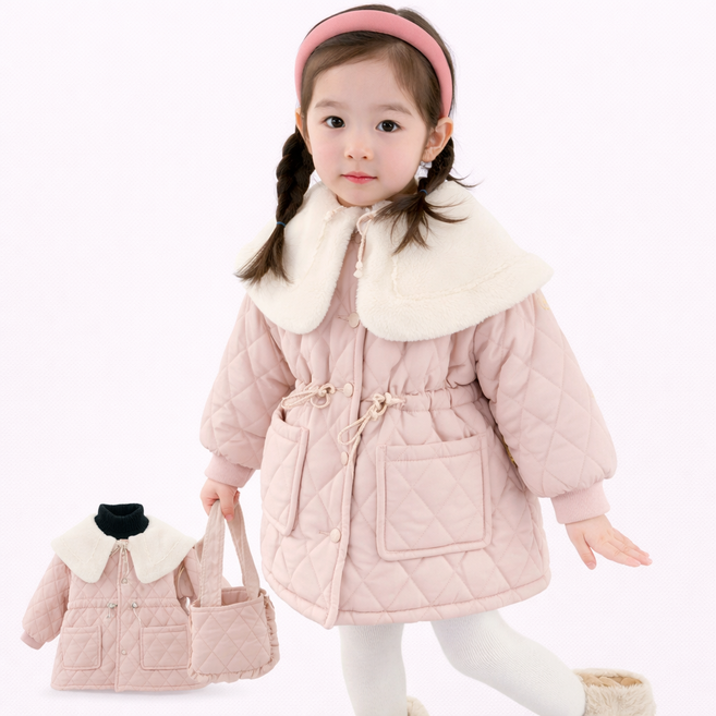 유아 여아 겨울패딩 퀼팅점퍼 케이프카라 빅카라 아동 패딩코트 리본 가방세트