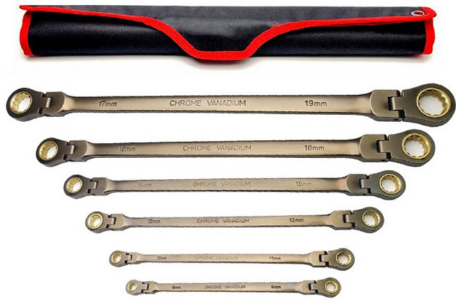 tinduo 스패너 기어 라쳇렌치 연장형 니켈 도금 플렉시블 수납 파우치 포함 6종 세트, 1세트