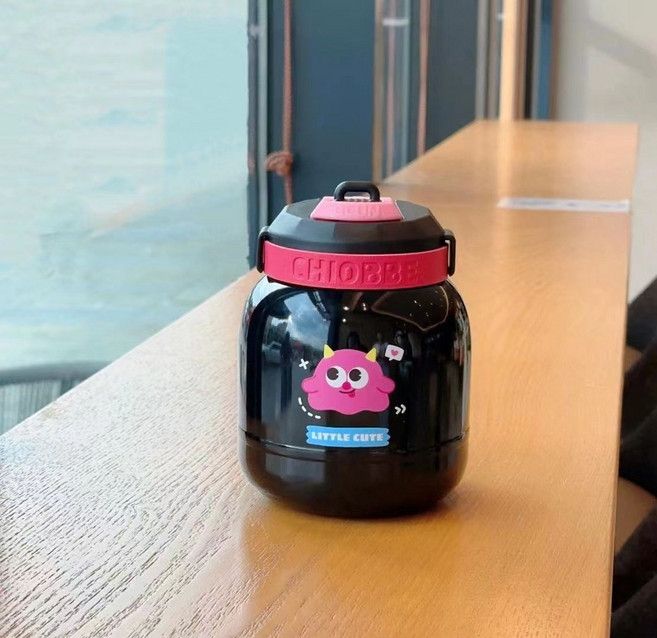 크리에이티브 큐티 휴대용 통통텀블러 캐릭터 700ML 멀티컬러 여대배컵, 블랙, 1개