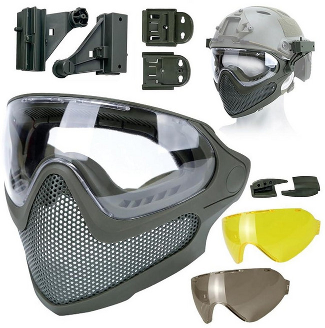 HANSTRONG GEAR Tactical Airsoft Pilot 강력한 보호 풀 페이스 마스크 듀얼 모드 고글 시스템 교체 가능한 렌즈 3개 포함 어댑터가 있는 패스트, Od Green