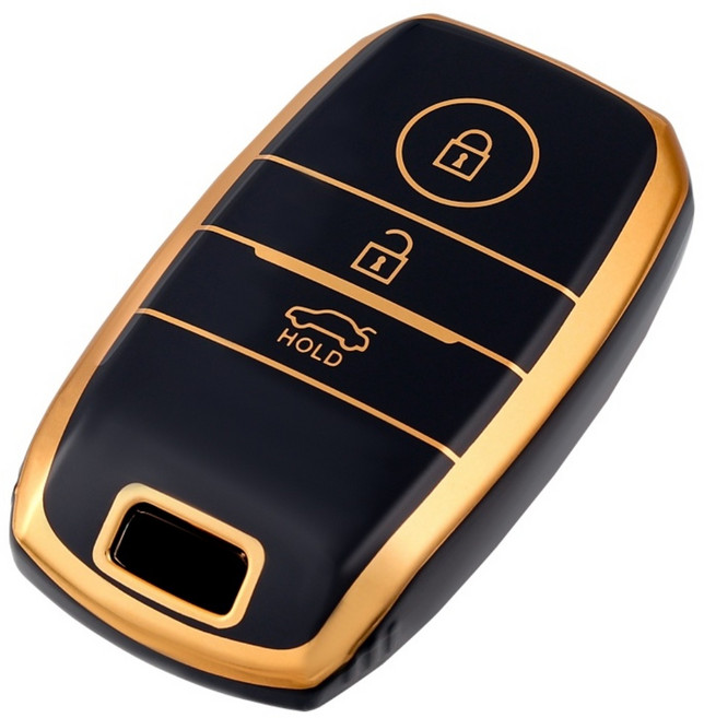 OFFCURVE TPU 기아 자동차 엣지라인 3버튼 모닝 레이 풀커버 스마트키 적용 키케이스 키홀터 +열쇠고리+번호판 다양한 컬러, 블랙 골드