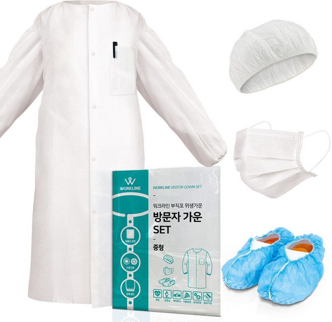 제이앤제이몰 일회용 부직포 위생 방역 방문자가운 안전 덧신 마스크 위생모 헤어캡 라운드캡 세트, 1개, 화이트