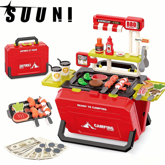 SUUNI 리얼 바베큐 그릴 콤비네이션 수납 캐리어 어린이 소꿉놀이 다용도 주방 완구대, 1개, 붉은색