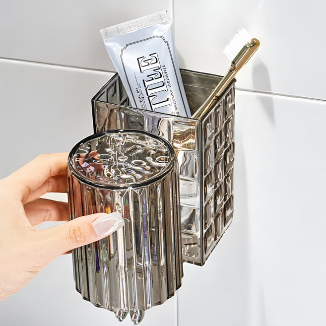 리빙잇몰 투명 크리스탈 무늬 무타공 칫솔걸이 양치컵 세트, 블랙, 1개