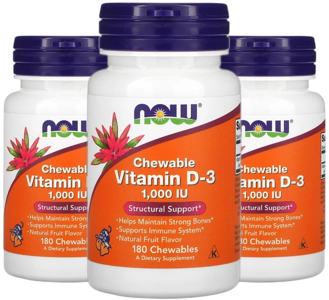 NOWFOOD 나우푸드 비타민D3 Natural과일향 1 000IU 츄어블 180정 X 3EA 구연산 및 실리카, 3개 - 쿠팡