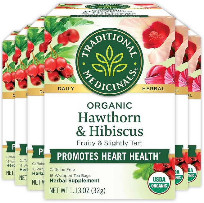 Traditional Medicinals 오가닉 호손 허브차 6종 세트 히비스커스 총 96개입, 32g