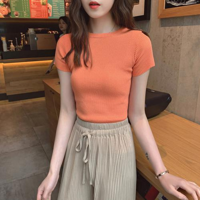 뉴욕멋쟁이 국내배송 피트 골지 니트 반팔티셔츠 반소매 단색 슬림핏 티셔츠 반팔