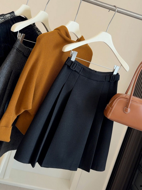 【顯瘦高腰】百褶半身裙 毛呢半身裙 A字裙 秋冬半身裙 中長款半身裙 氣質百搭 後隱形拉鍊 加厚毛呢面料 秋冬通勤約會穿搭