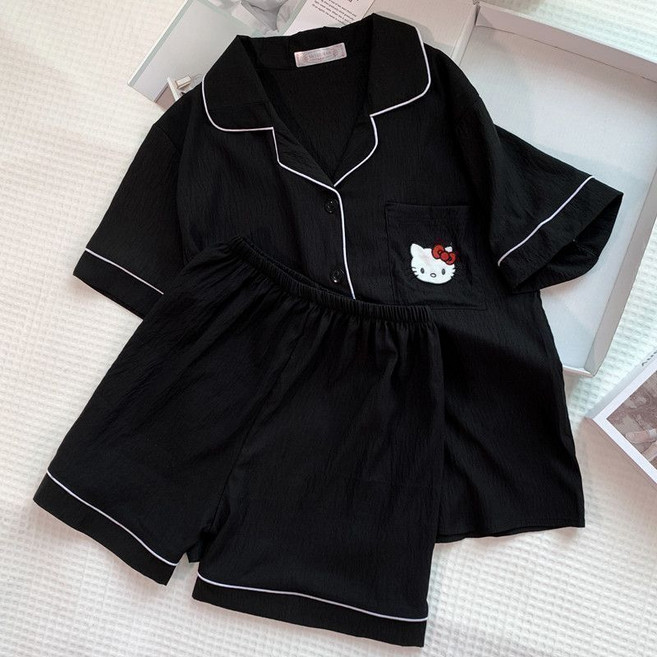 헬로키티 여아 셔츠 파자마 여름 아동 반팔 반바지 실내복 잠옷 세트+준펑이커머스 머리끈