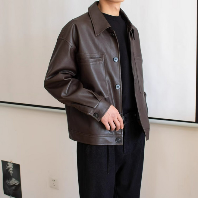 남성 레더 자켓 빈티지 오버핏 숏 PU 가죽 코트 봄 가을 터틀넥 라이더 재킷 LYQ