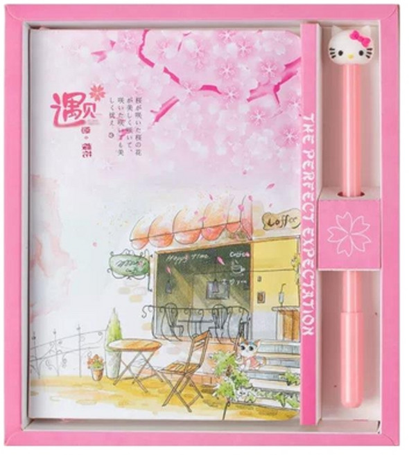 卡通硬殼精裝記事本禮盒兒童可愛風帶筆本, 櫻花貓套盒 帶筆, 1個