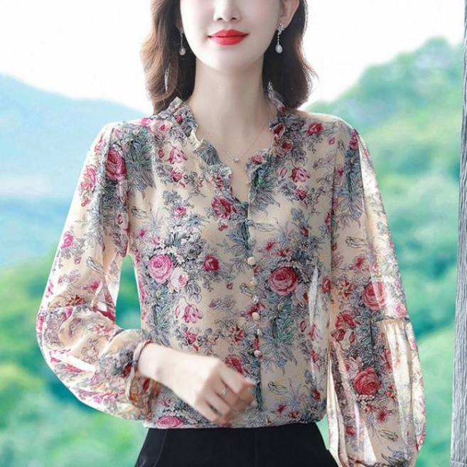 Angel 쉬폰 블라우스 셔츠 캐주얼 꽃 프린트 탑 슬리브 실크 브이 넥 여성