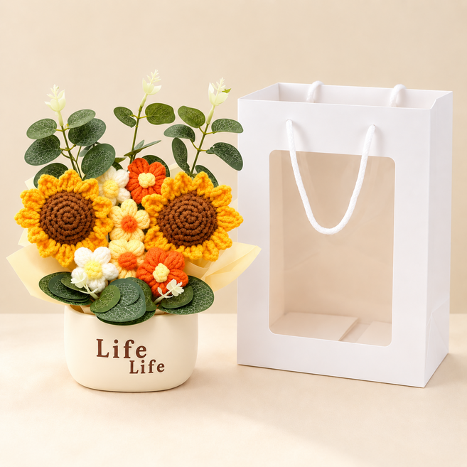 코어스 뜨개꽃 화분 니트꽃 생일 집들이 선물 인테리어소품 쇼핑백 포함, 1개, 해바라기