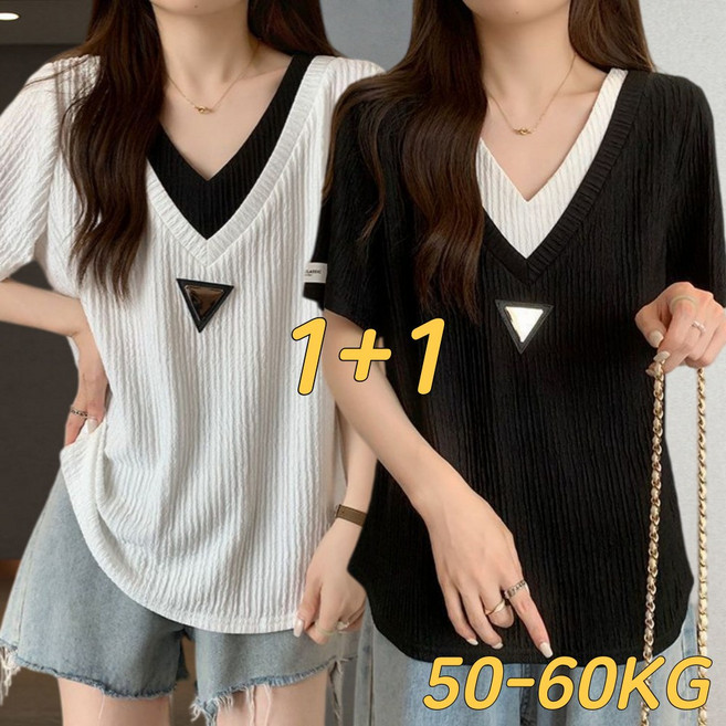 1+1 여성 루즈핏 반팔 티셔츠 여름 편안한 브이넥 반팔티 데일리록 빅사이즈