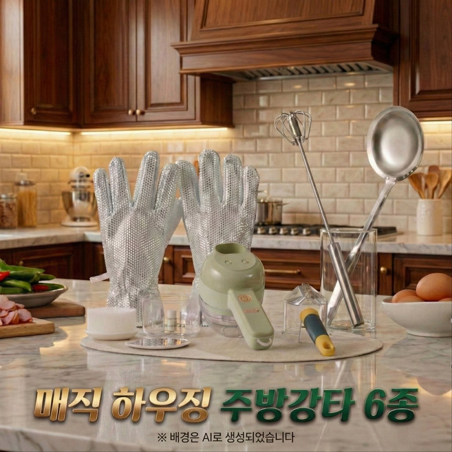 매직하우징 주방강타6종 -1.만능 썰고 다지기 2.껍질쏙쏙채칼 3.무동력 자동반죽기 4.다건져 뜰채 5.물빠짐 믹싱볼 6.수세미 장갑, 1개