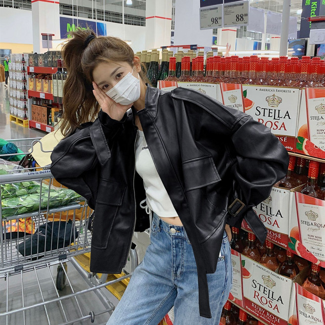 봄 가을 여성 레더 자켓 빅사이즈 루즈핏 쇼트 가죽 자켓 간절기 캐주얼 여자 라이더 재킷 아우터 YJW
