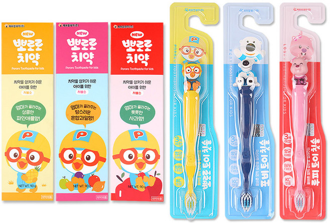 뽀로로 치약 3종(파인애플향/혼합과일향/사과향) + 뽀로로와 친구들 칫솔, 1세트, 6개입, 뽀로로+포비+루피