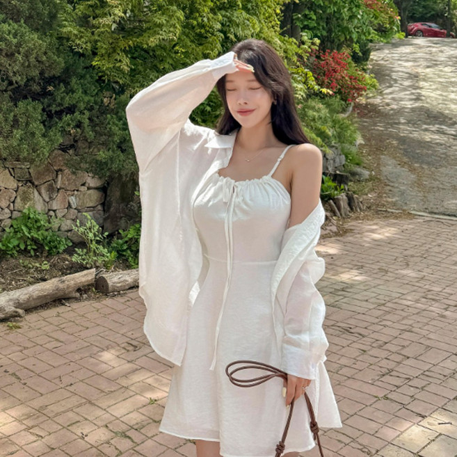떳다그녀 소피넬 셔츠 드레스 투피스 A라인 나시 바캉스룩 리본 셔링 오버핏 블라우스 미니원피스 세트