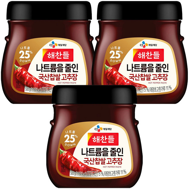 해찬들 나트륨을 줄인 우리찹쌀고추장, 500g, 3개
