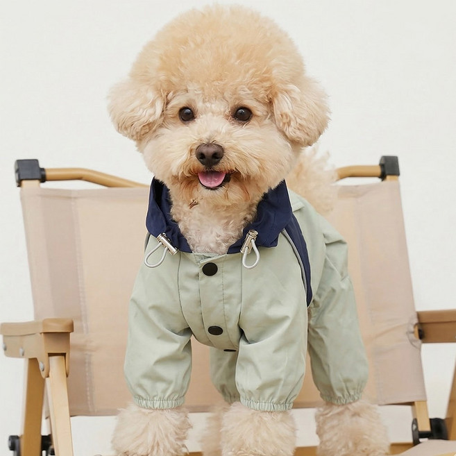 푸키 강아지 올인원 바람막이 우비 비옷 레인코트, 카키, 1개