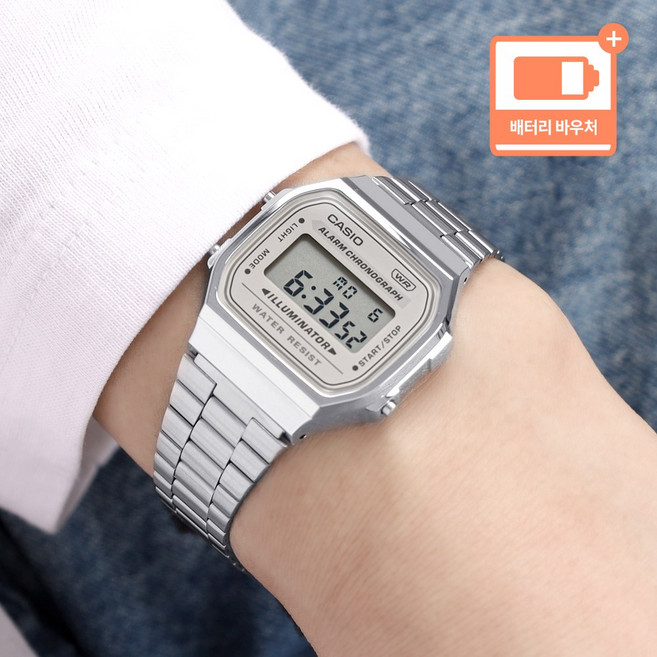 카시오 레트로 빈티지 스퀘어 공용 전자 방수 메탈 디지털 시계 + 배터리 바우처