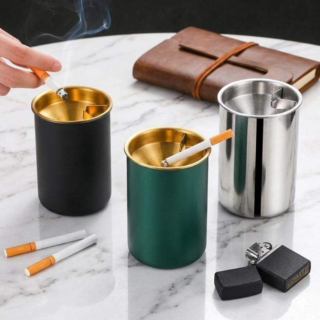 크레오링크 차량용 고급형 대용량 텀블러 재떨이 스테인리스 원터치 쓰레기통, 1개, 포레스트 퓨어 그린