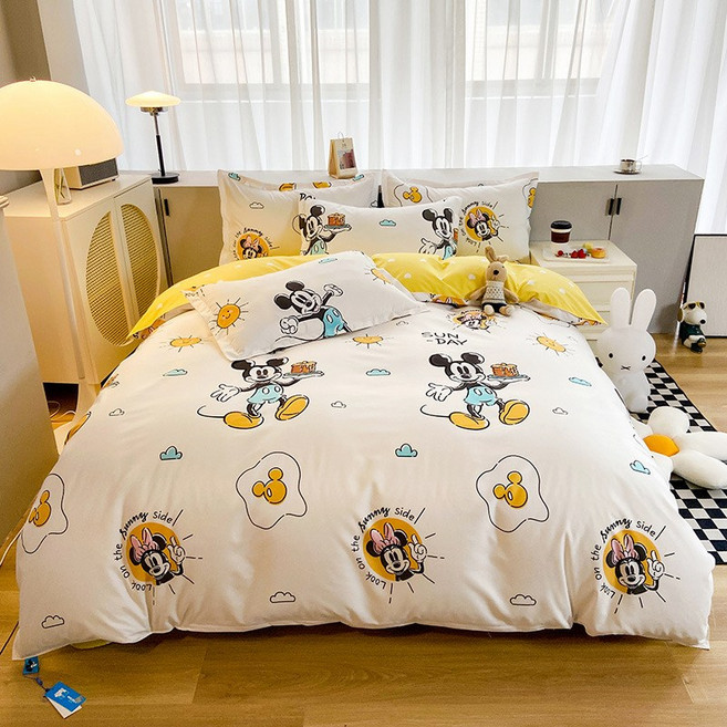 봄 카툰 4종 세트/3종 세트 침대 시트형 싱글/더블 기숙사용 워싱 코튼 4종 세트