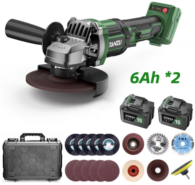 TANZU 21V BLDC 무선 충전식 전동 브러시리스 그라인더 3단 조절 가능 전력량 표시 연마기/광택기 6000mAh 배터리 2개 세트, 1세트
