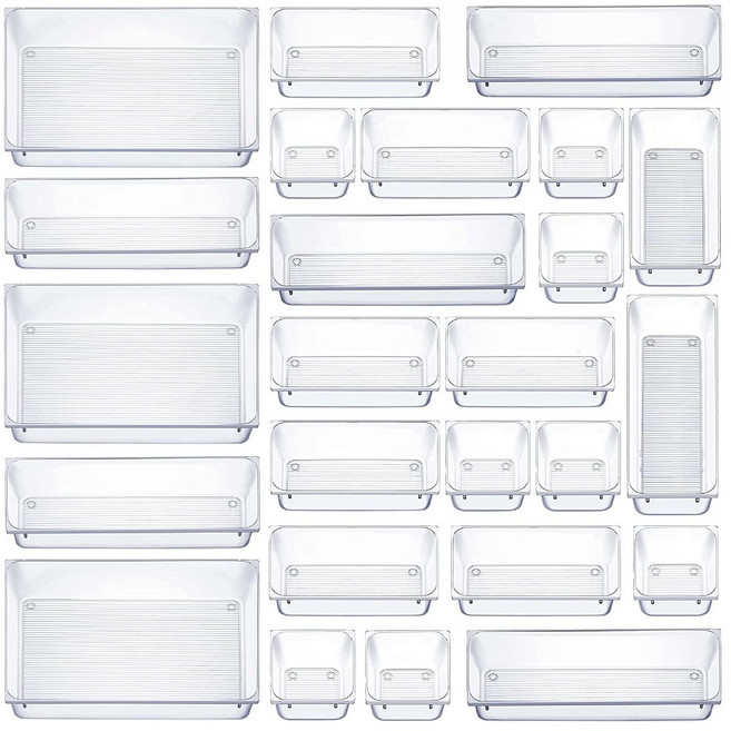 바이리모 다용도 깔끔 보관 투명 크리스탈 아크릴 트레이 다양한 사이즈 책상 화장대 서랍 칸칸분리 수납 정리함 세트, 스트라이프, 25개