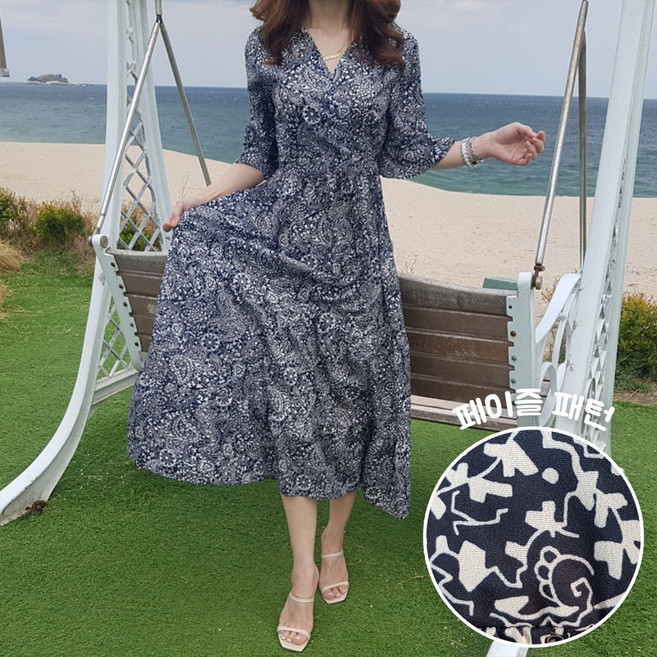 상상그이상 여성용 에스닉 페이즐 패턴 반팔 롱 랩 원피스