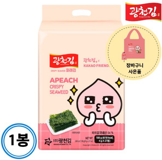[카카오프렌즈] 광천김 파래김 도시락김 4gx27봉, 1