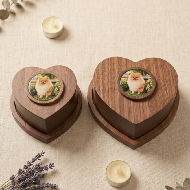 메모리펫 반려동물 호두나무 유골함 강아지 유골함 특허 유골보호제 하트 원목 유골함, 1개