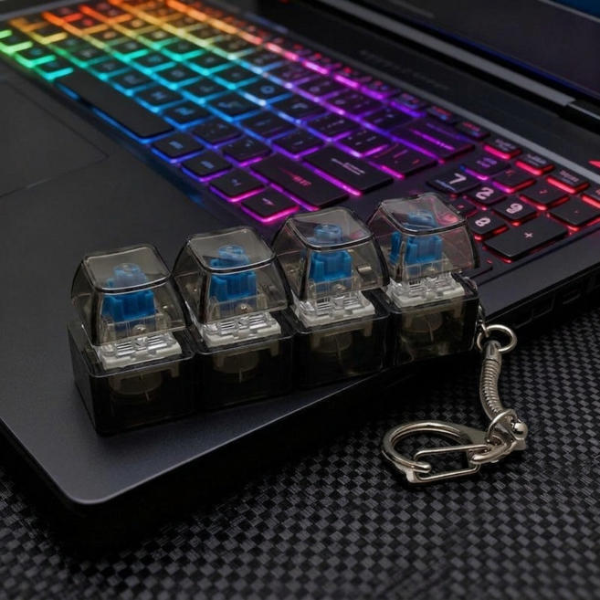 미벨로 LED 4구 얼음 커스텀 키캡 키링 열쇠고리 클리커, 1개, 블루 블랙