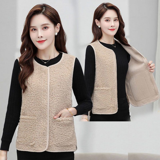 중년 여성 뽀글이 조끼 가을 겨울 양털 조끼 따뜻한 심플 스타일 방한 마레이지 조끼 JS