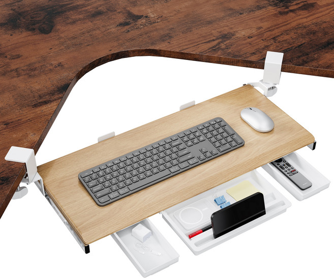 ETHU 키보드 트레이 슬라이딩 책상 연장 키보드 거치대 무타공 수납서랍 3개가 있음 확장테이블, Wood회전가능, 1개