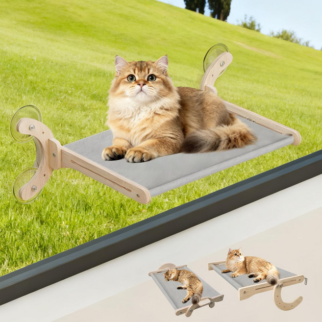 캣 윈도우 퍼치 조절 가능한 4-in-1 고양이 해먹 창틀 침대 옆 바닥용 강화된 나무 및 금속 프레임 강력한 흡착 컵 4개 무선 디자인 회색 18인치, 4-in-1 Grey, Velvet