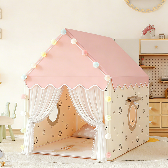 Leesheer 실내 텐트 플레이 원터치텐트 캠핑텐트 (매트 미포함), 3명, 분홍색 웃는 얼굴