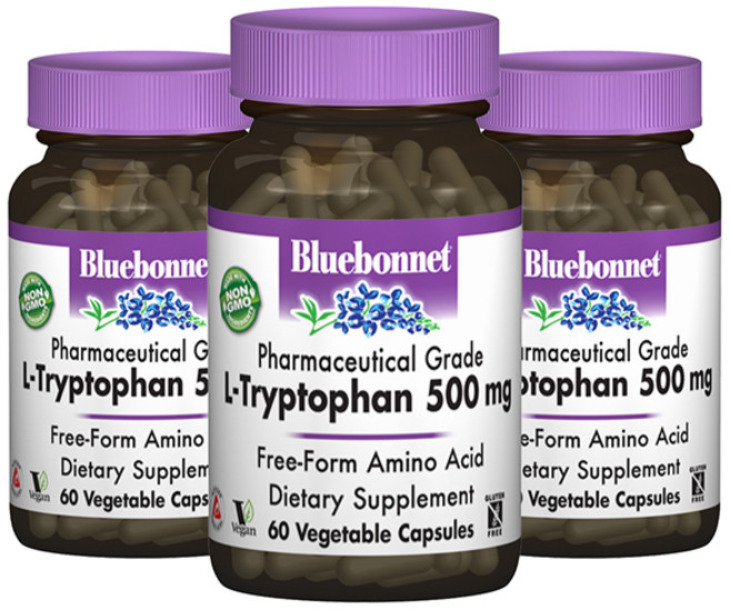 Bluebonnet 左旋色胺酸 500mg植物膠囊 無麩質, 60顆, 3罐