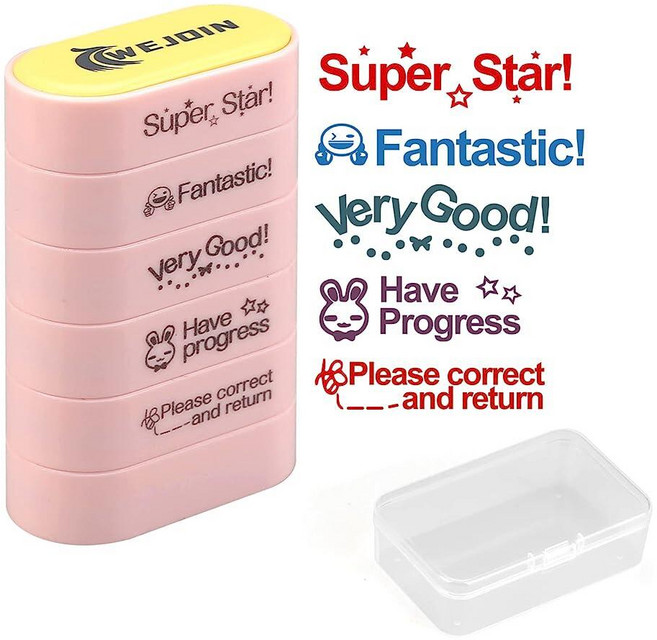 Wejoin 교사 스탬프 세트 채점 슈퍼 스타 및 올바른 복귀를 위한 귀여운 사전 잉크 교사의 동기 부여 스탬프 격려 학생 숙제를 사무실 문구 스탬퍼 용품, 핑크-슈퍼스타-5개