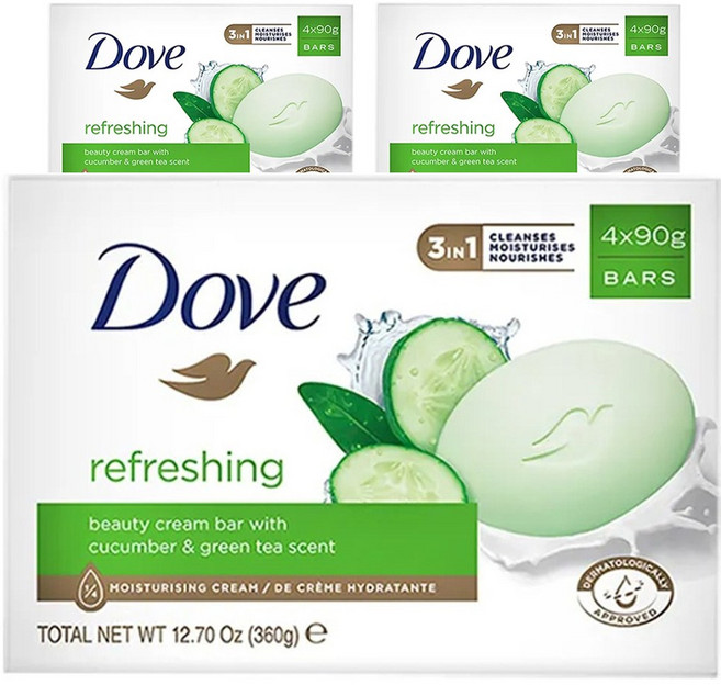 도브 리프레싱 뷰티 크림 바 비누 큐컴버 앤 그린티 향, 90g, 12개