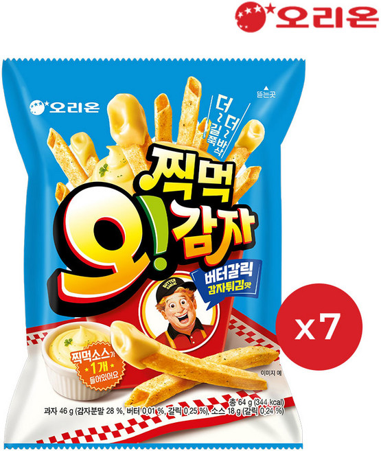 오리온 찍먹 오감자 버터갈릭 감자튀김맛 스낵 과자, 64g, 7개