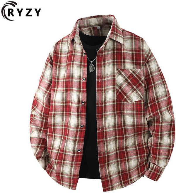 長袖格子襯衫 寬鬆大版型 翻領外套 韓系復古風格 情侶款 紅色