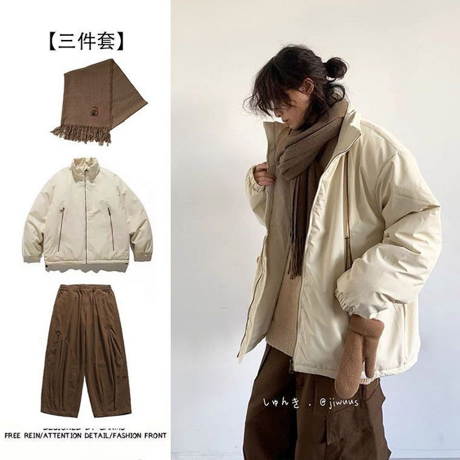 日系復古工裝棉衣男女寬鬆拉鍊棉服冬套裝