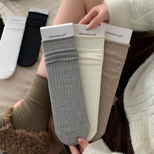 Banjiwu 여성 양말 순색 겨울 양말 중목 양말 장목 양말 중목 양말 운동 양말 무압박 면 양말 4족 세트