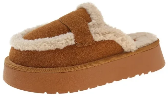 여성용 두꺼운 밑창 털 슬리퍼 실내외 겨울용 따뜻한 가을 겨울 헤드 커버 하프 슬립 스노우 부츠 캐주얼