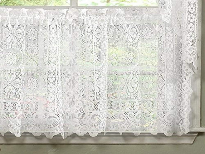 Sweet Home Collection Old World Style 꽃무늬 헤비 레이스 주방 커튼 91.4cm(36인치) 층 호프웰 화이트
