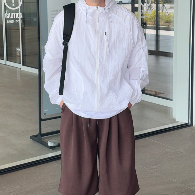 코튼 여름 경량 오버핏 나일론 스트링 후드 바람막이 점퍼 자켓 윈드브레이커