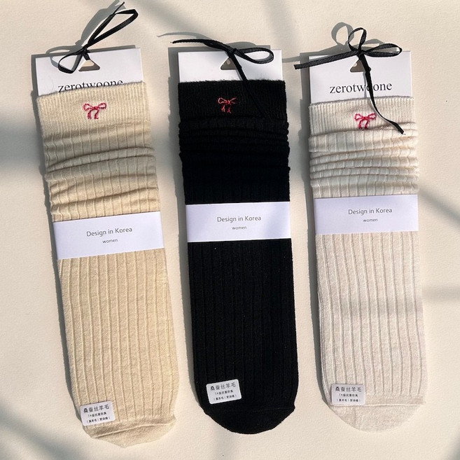 여성 실크 울 혼방 보온 롱양말 리본 장식 발레풍 롱롱 양말