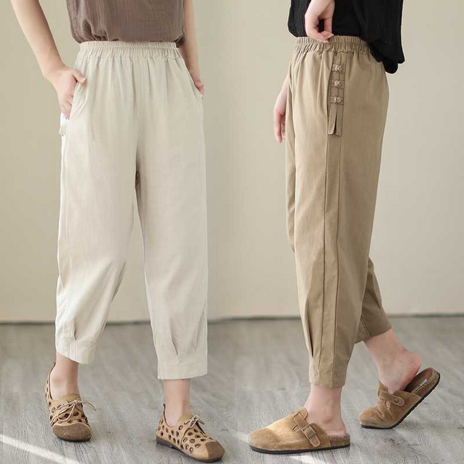 AOUGK 여성 9부 린넨 팬츠 밴딩 면마 바지 오버핏 경량 배기 팬츠 여름 와이드바지 데일리